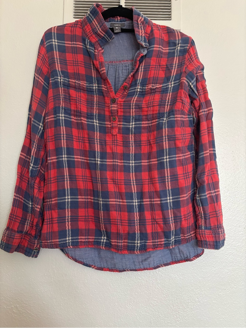 Eddie Bauer Red and Navy Plaid Button-Down Shirt
